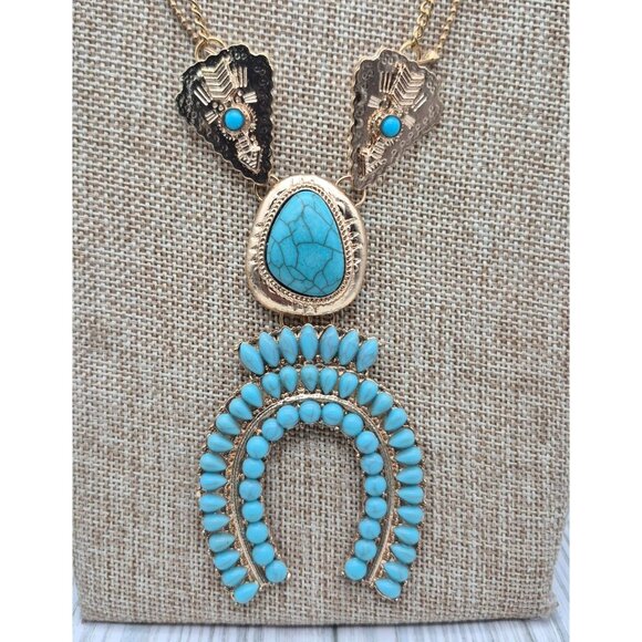 NWOT Gold Tone & Faux Turquoise Blue Horseshoe Arrowhead Necklace 26" Western - Picture 6 of 8